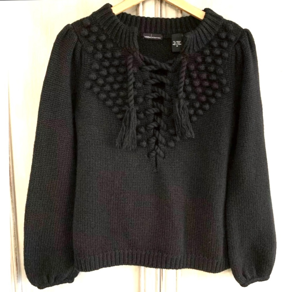 MODA International Black Wool Puff Sleeve Sweater Sz M